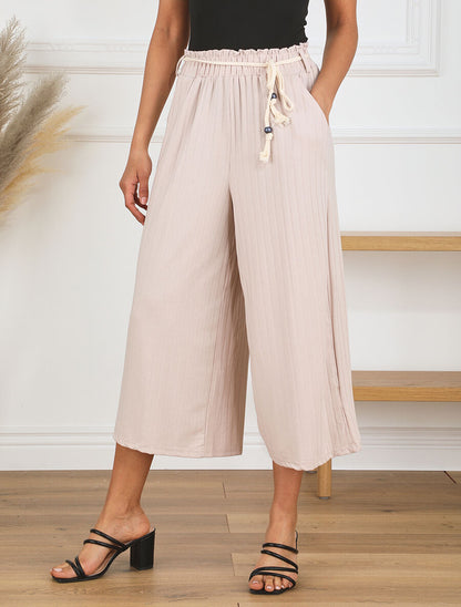 Pantalon côtelé taille haute coupe ample - Beige - 4