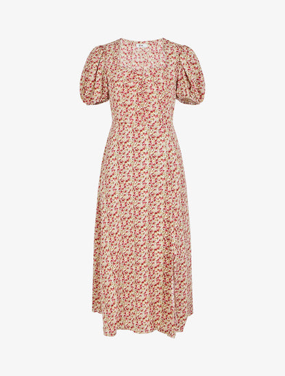 Robe longue imprimé fleuri à manches courtes ballon - Rose - 1