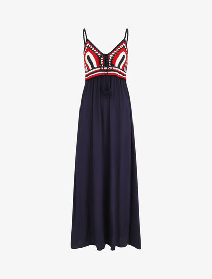 Robe longue à buste brodé - Marine - 5