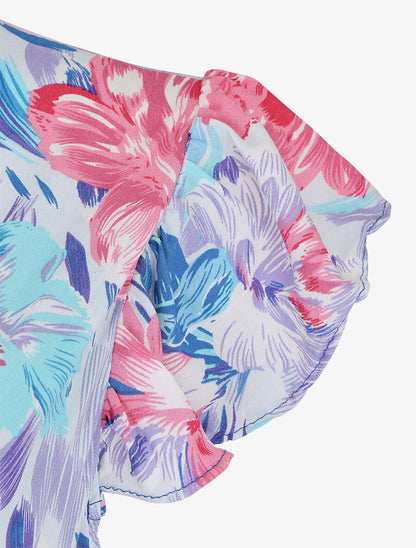 Robe longue fleurie à manches volantées - Bleu - 3