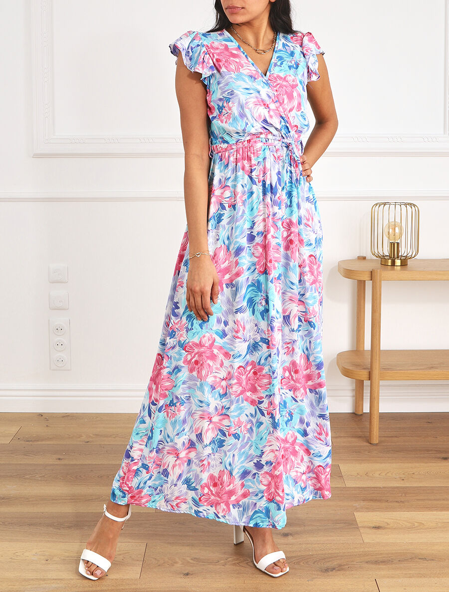 Robe longue fleurie à manches volantées - Bleu - 4