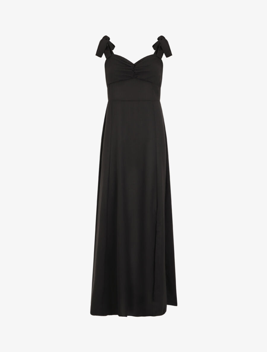 Robe longue unie évasée bretelles à nouer - Noir - 1