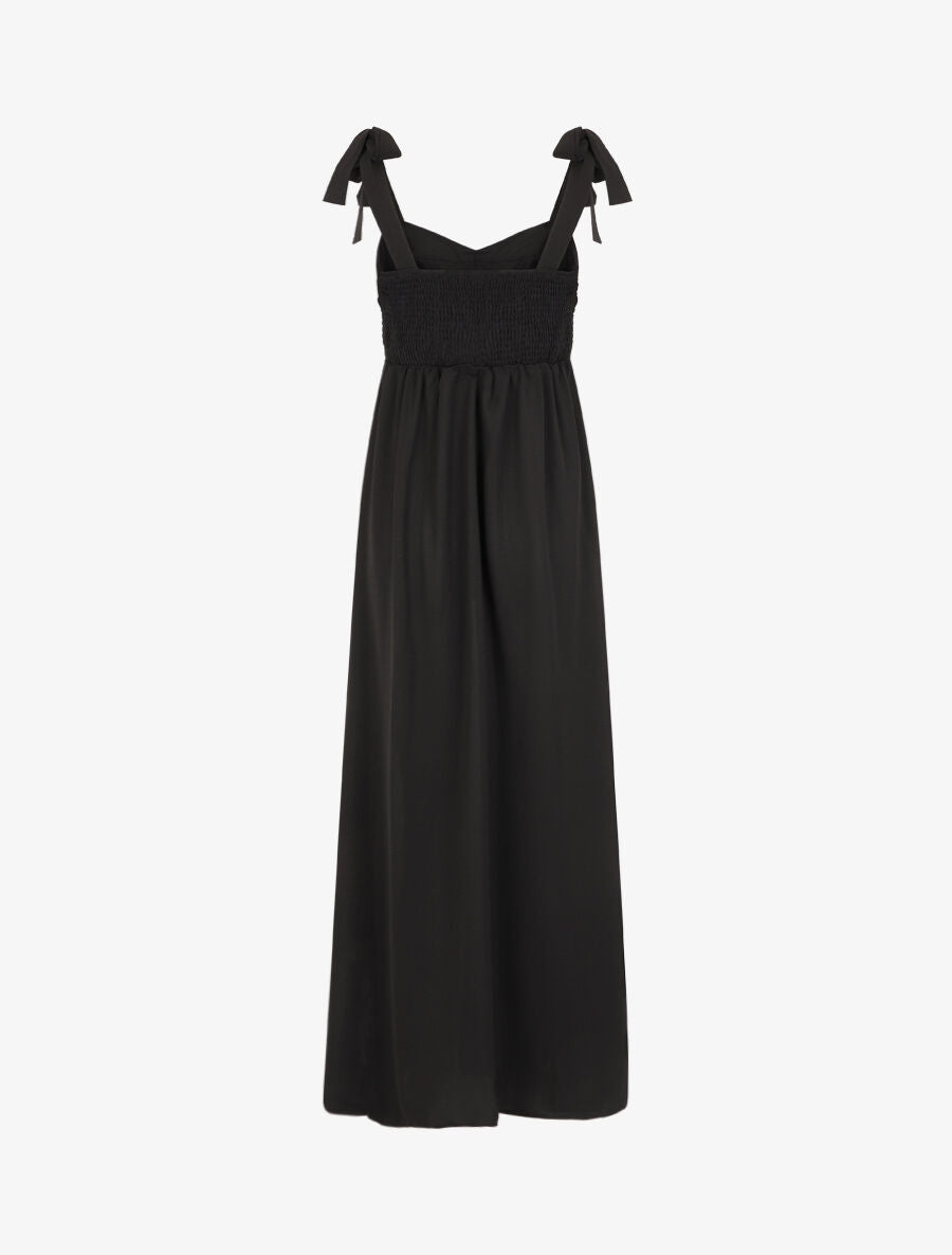 Robe longue unie évasée bretelles à nouer - Noir - 2