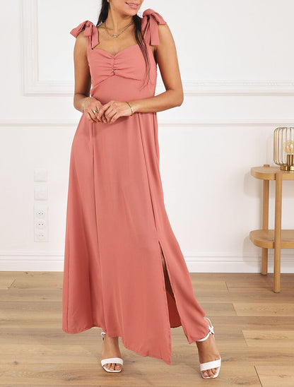 Robe longue unie évasée bretelles à nouer - Rose - 4