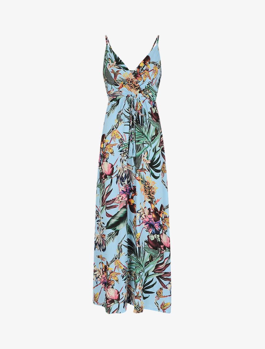 Robe longue élastiquée à imprimé fleurs tropical - Bleu - 5