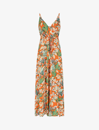 Robe longue élastiquée à imprimé feuillage - Orange - 6