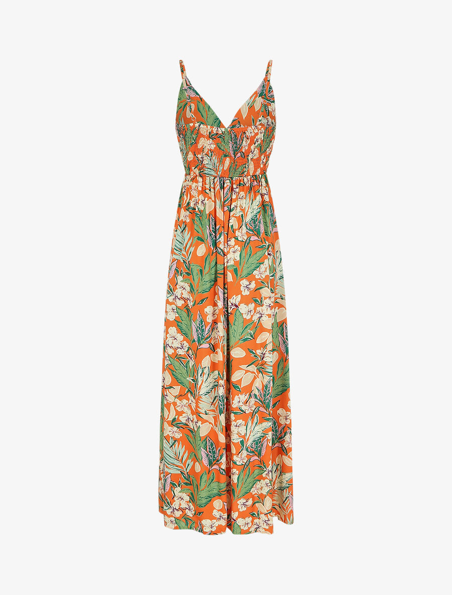 Robe longue élastiquée à imprimé feuillage - Orange - 3
