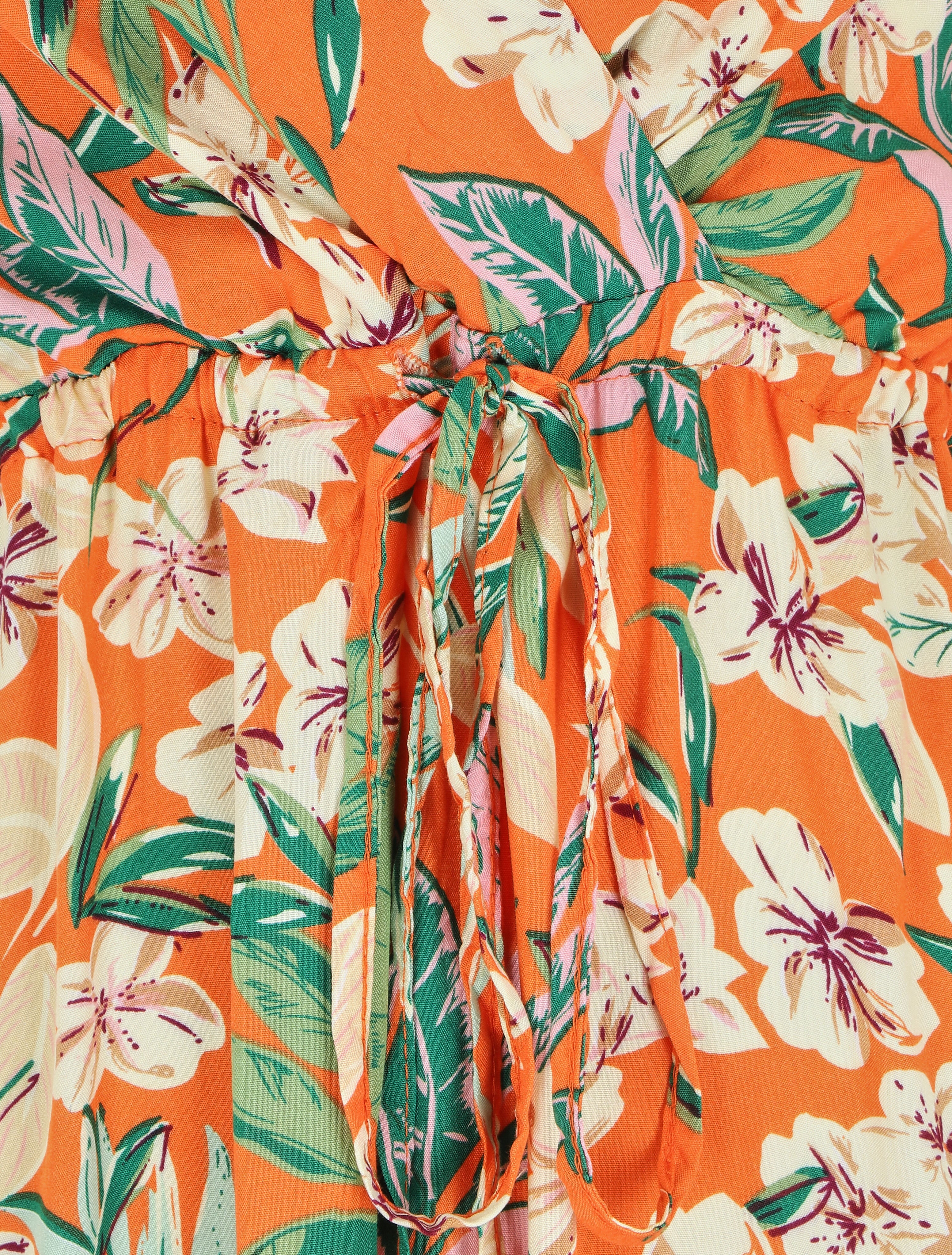 Robe longue élastiquée à imprimé feuillage - Orange - 4