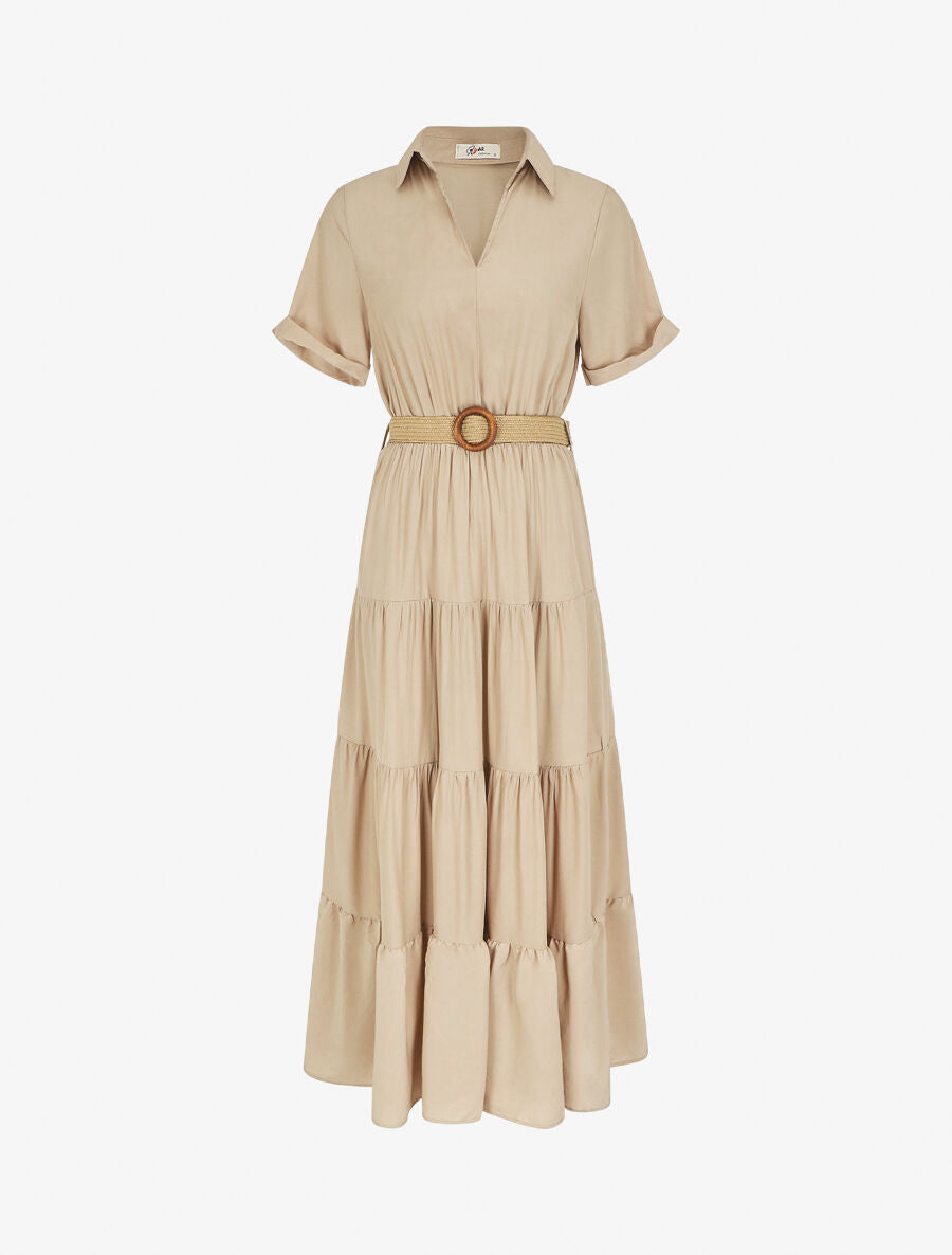 Robe longue unie à col tunisien - Beige - 1