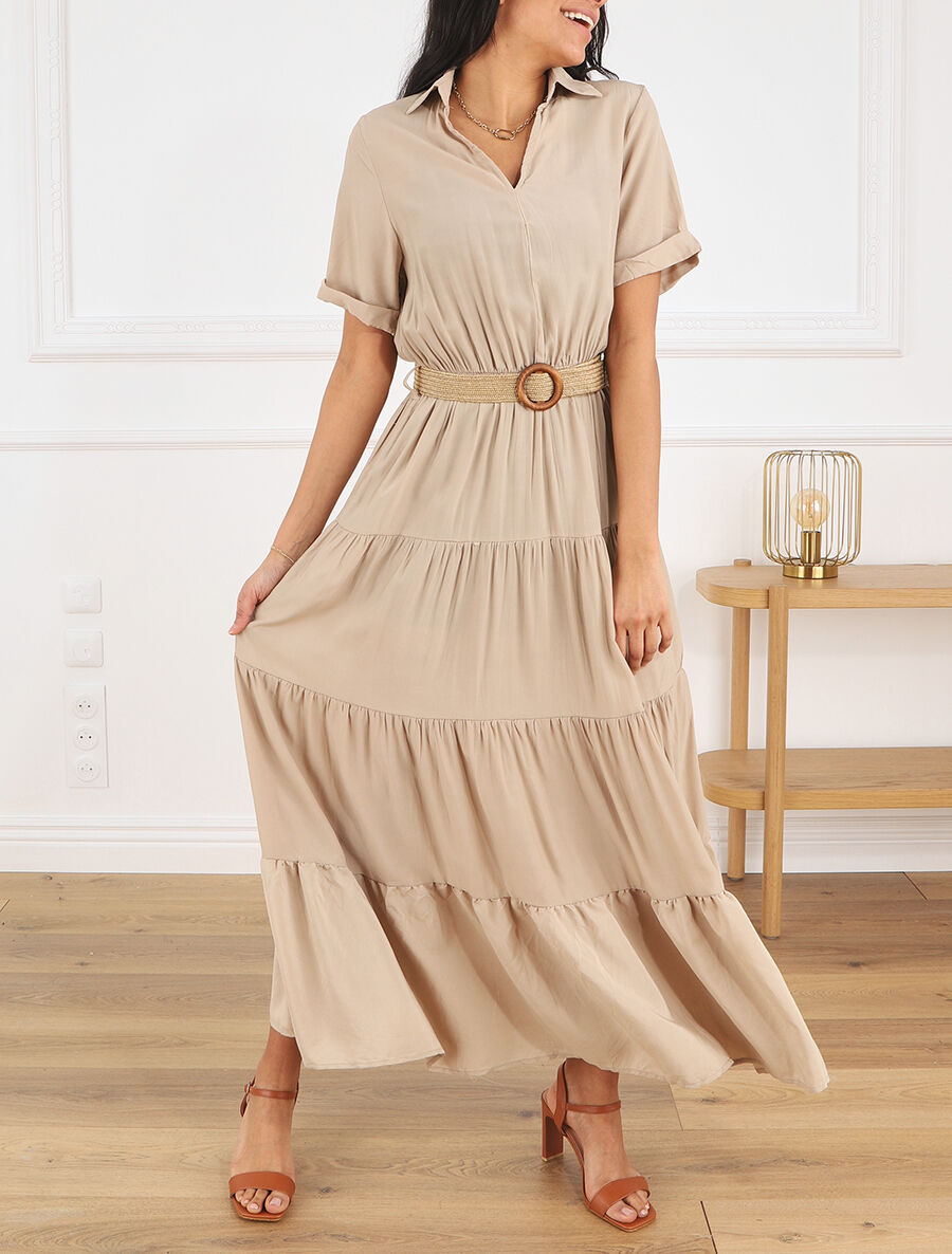 Robe longue unie à col tunisien - Beige - 4