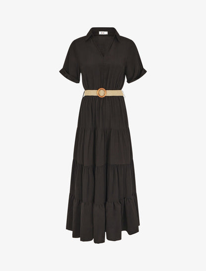 Robe longue unie à col tunisien - Noir - 1