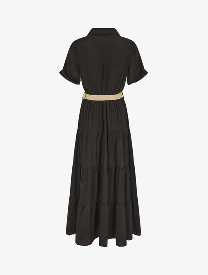 Robe longue unie à col tunisien - Noir - 2