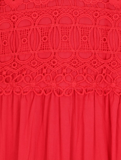 Robe longue à bretelles et col en dentelle - Rouge - 3