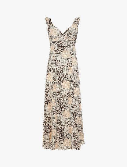 Robe longue léopard évasée à bretelles volantées - Beige - 5
