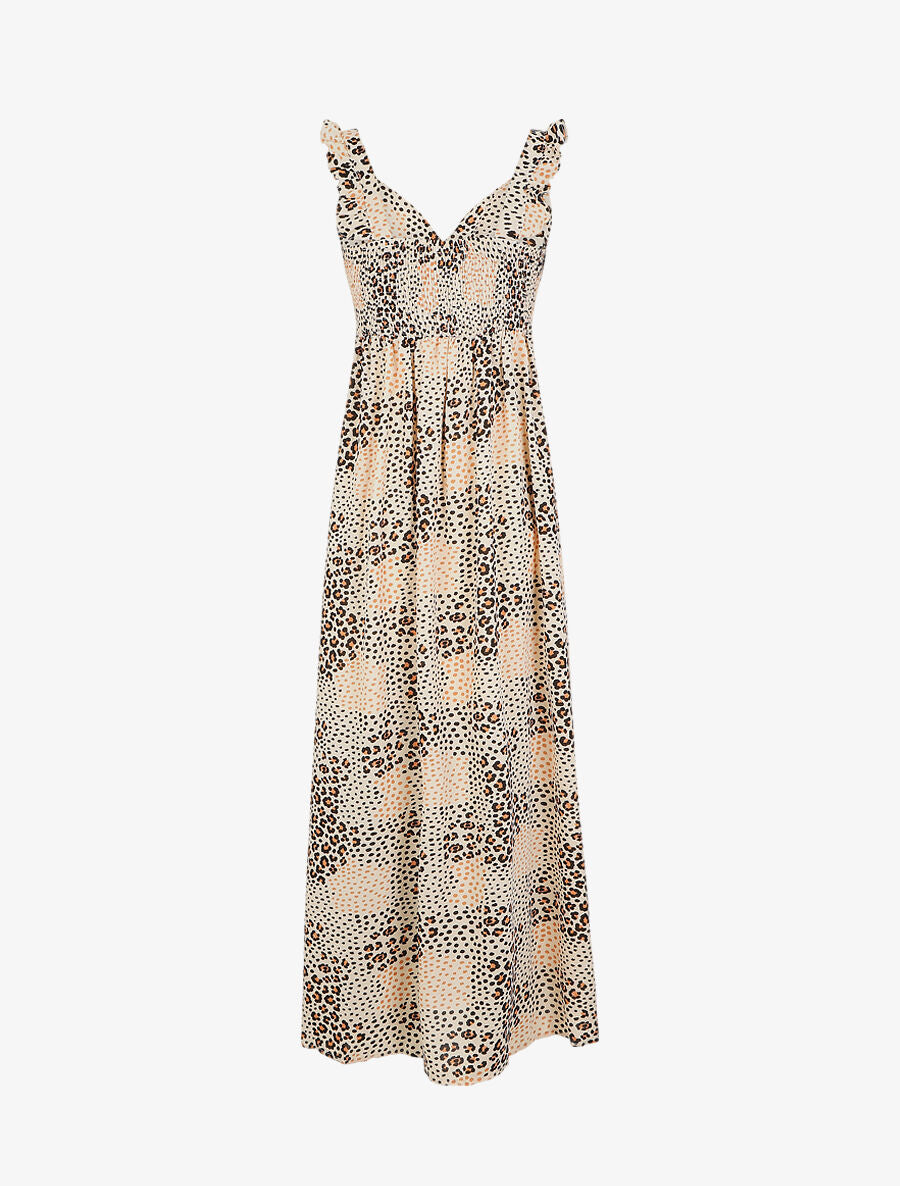 Robe longue léopard évasée à bretelles volantées - Beige - 2