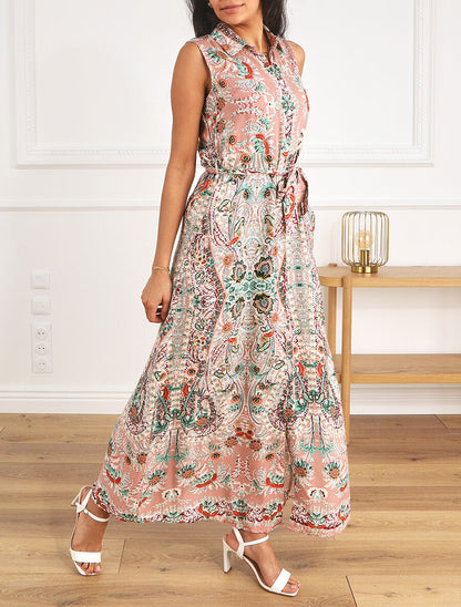 Robe longue sans manches imprimé fleurs stylisées - Rose - 4