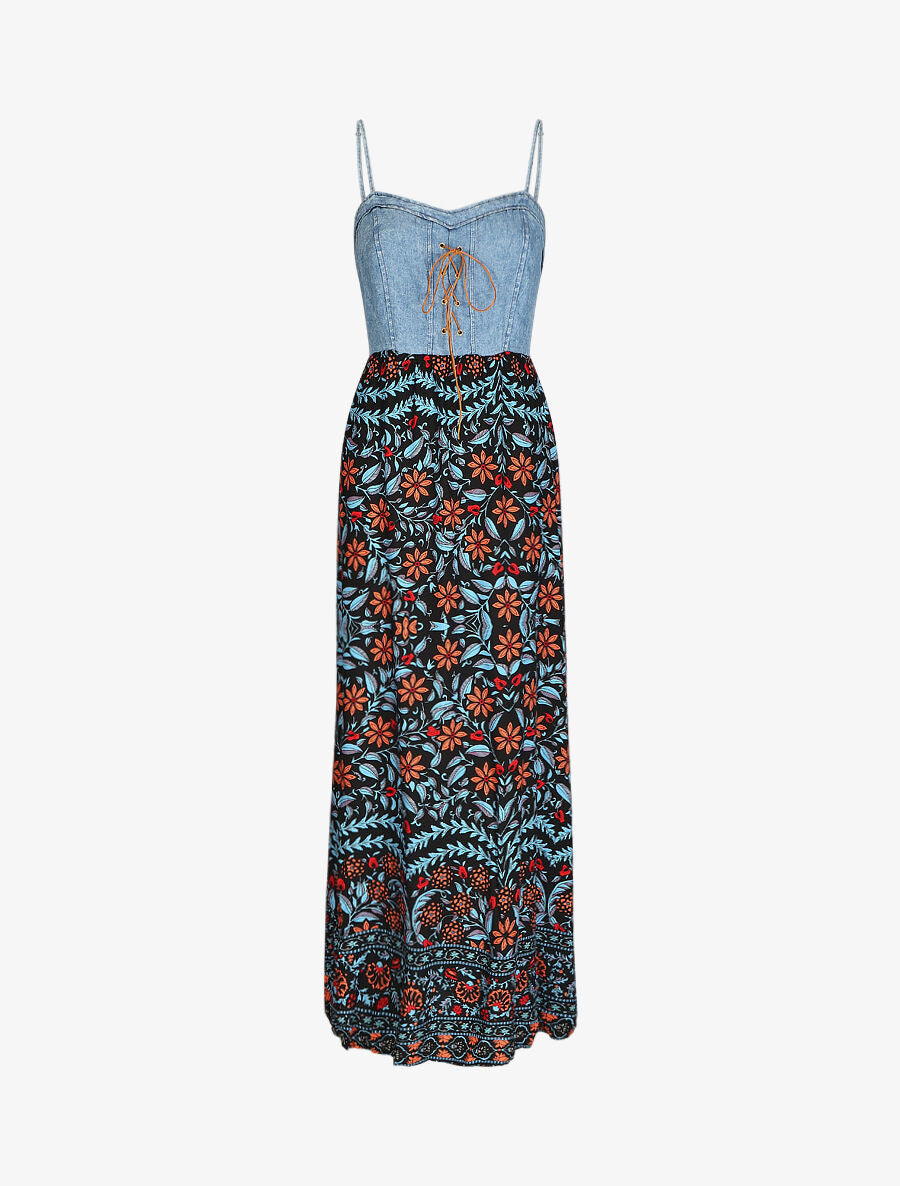 Robe longue bi-matière imprimé fleuri - Marine - 1