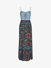 Robe longue bi-matière imprimé fleuri - Marine - 1