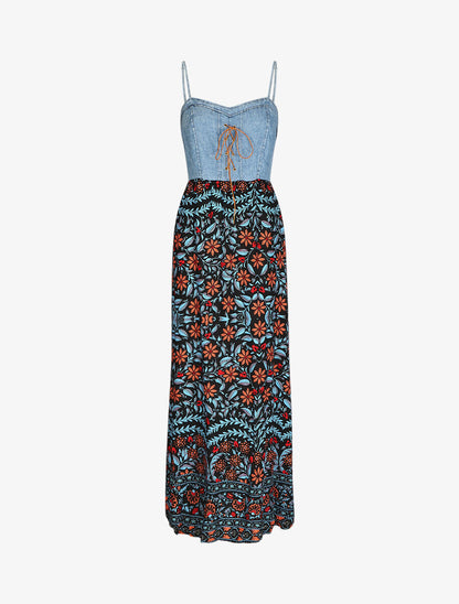 Robe longue bi-matière imprimé fleuri - Marine - 1
