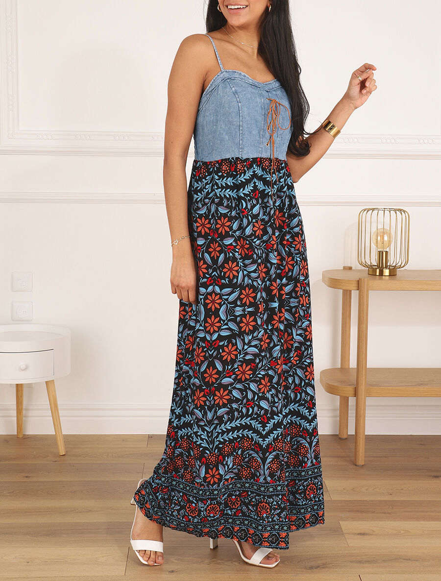 Robe longue bi-matière imprimé fleuri - Marine - 4