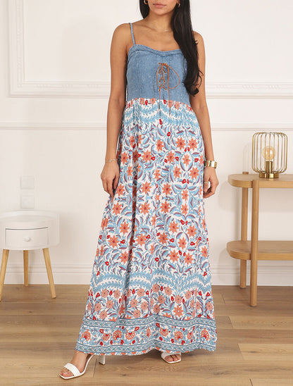Robe longue bi-matière imprimé fleuri - Blanc - 4