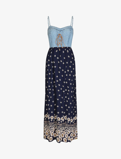 Robe longue bi-matière imprimé marguerites - Marine - 5
