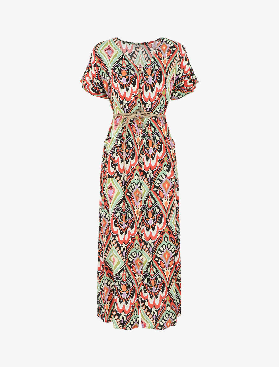 Robe longue droite manches courtes imprimé aztèque - Corail - 1