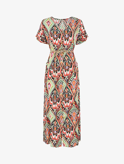 Robe longue droite manches courtes imprimé aztèque - Corail - 1