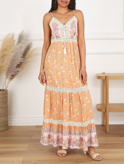 Robe longue fleuri à bretelles - Orange - 4