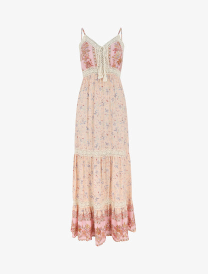 Robe longue fleuri à bretelles - Rose - 1