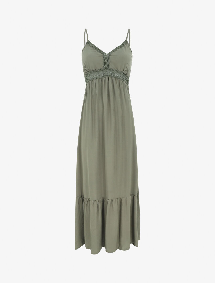 Robe longue unie à dentelle ajourée - Kaki - 5