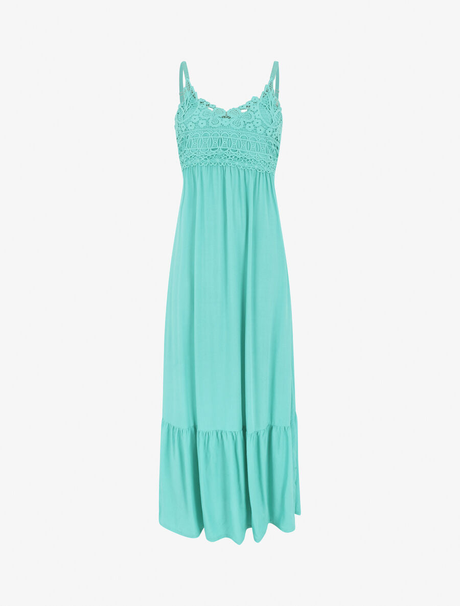 Robe longue unie à buste en dentelle - Turquoise - 1