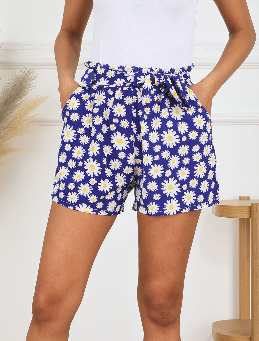 Short taille haute imprimé marguerite - Bleu - 4