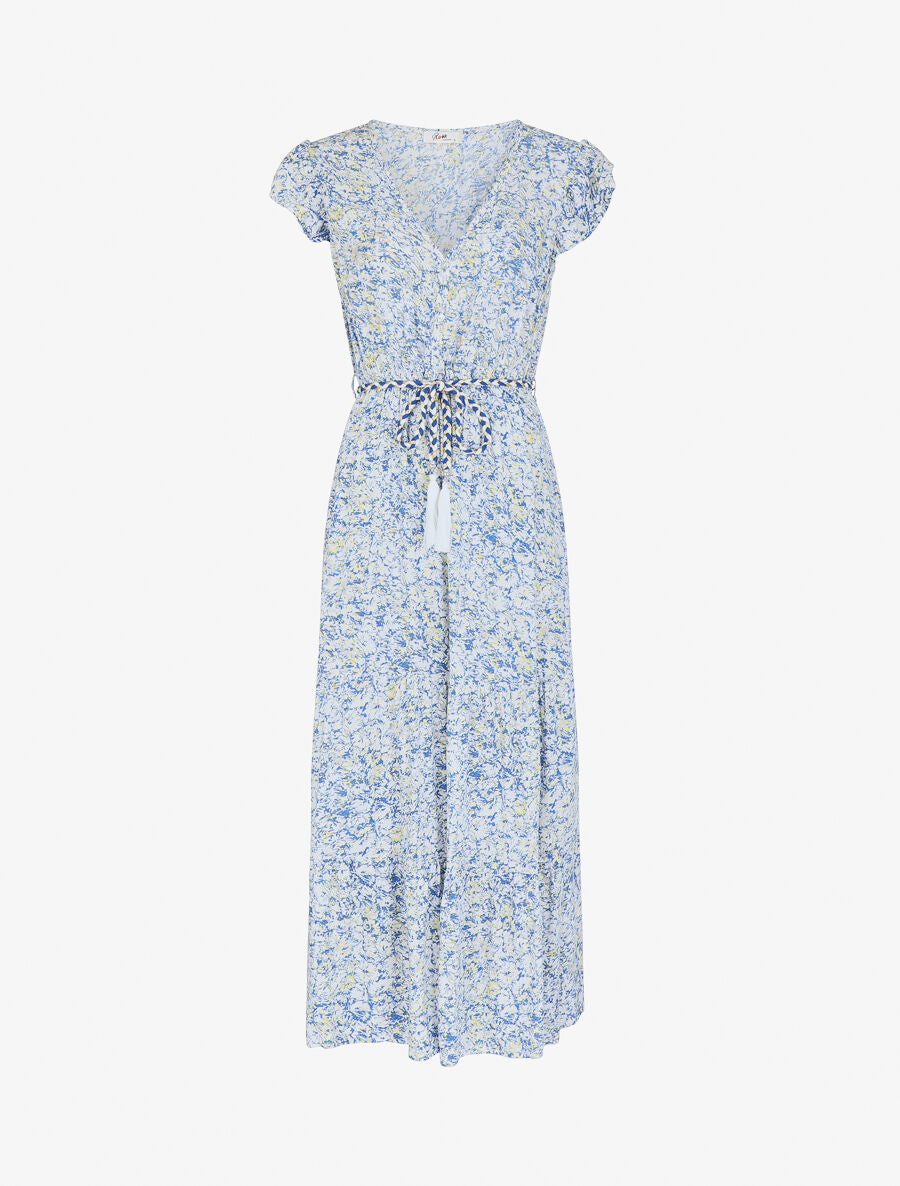 Robe longue élastiquée imprimé floral - Bleu - 1