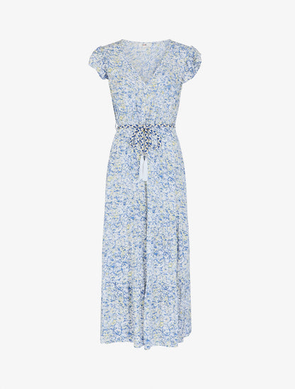 Robe longue élastiquée imprimé floral - Bleu - 1