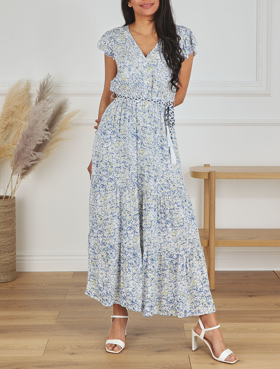 Robe longue élastiquée imprimé floral - Bleu - 4