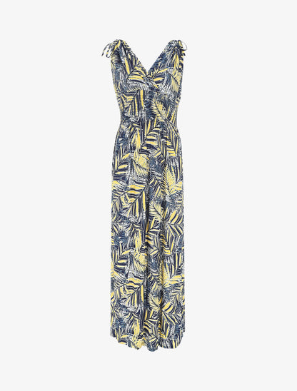 Robe longue élastiquée imprimé feuilles tropicales - Jaune - 5