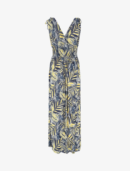 Robe longue élastiquée imprimé feuilles tropicales - Jaune - 2