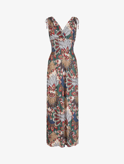 Robe longue à bretelles imprimé plume de paon - Vert/bleu - 1