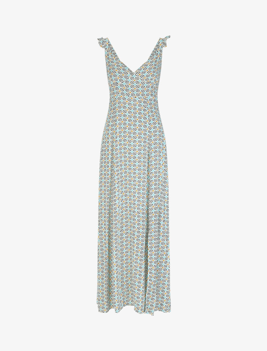 Robe longue évasée impimé fleurs graphiques - Bleu ciel - 2