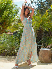 Robe longue évasée impimé fleurs graphiques - Bleu ciel - 1