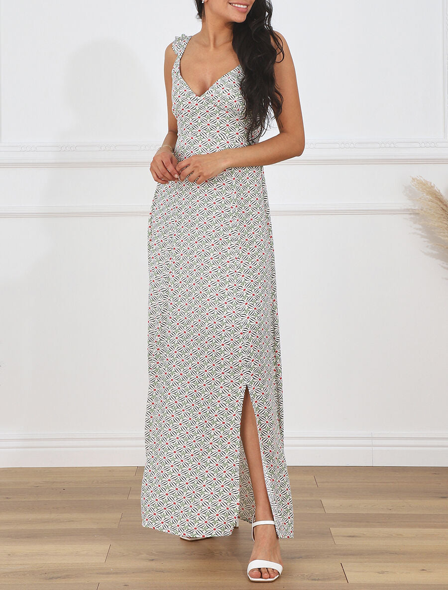Robe longue évasée impimé fleurs graphiques - Vert - 4