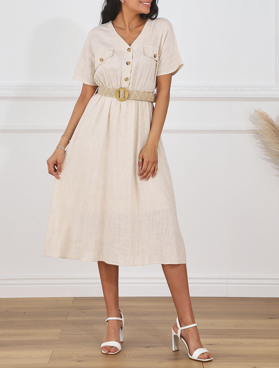 Robe longue uni manches courtes - Beige - 4