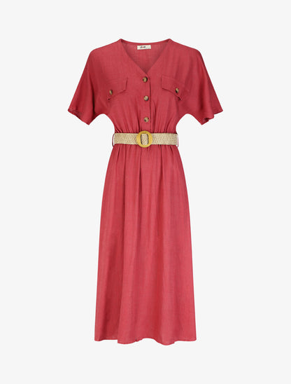 Robe longue uni manches courtes - Framboise - 5