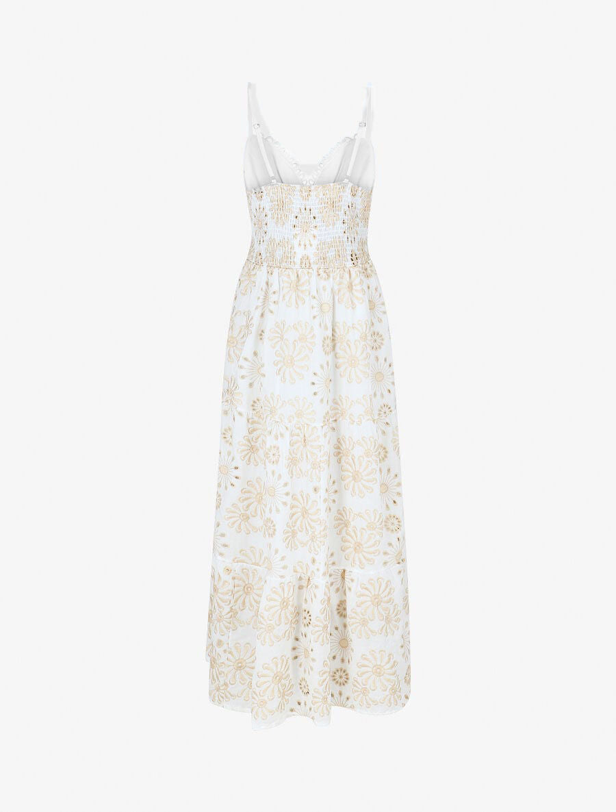 Robe longue élastiquée avec broderies - Crème - 2