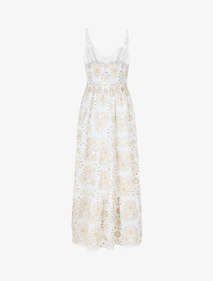 Robe longue élastiquée avec broderies - Crème - 2