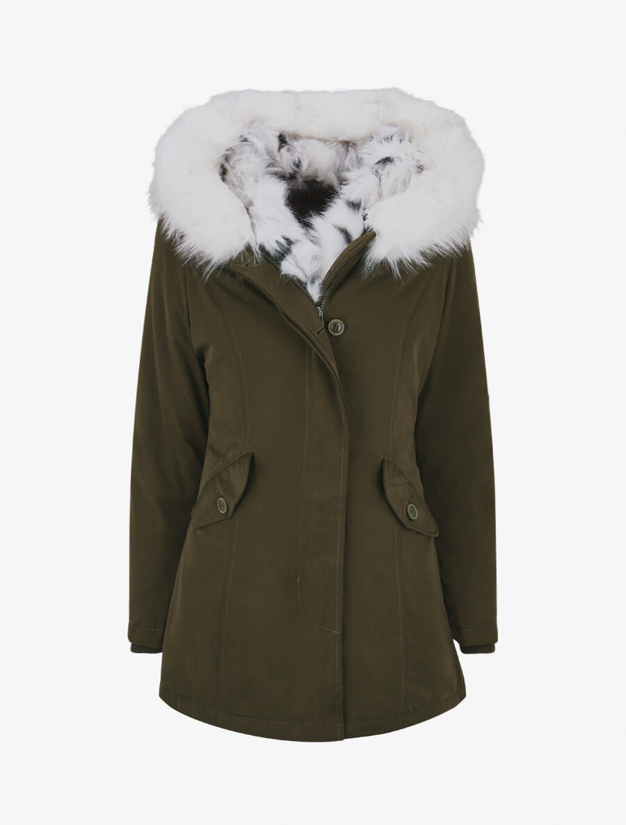 Parka uni à fourrure synthétique amovible - Kaki/blanc - 1