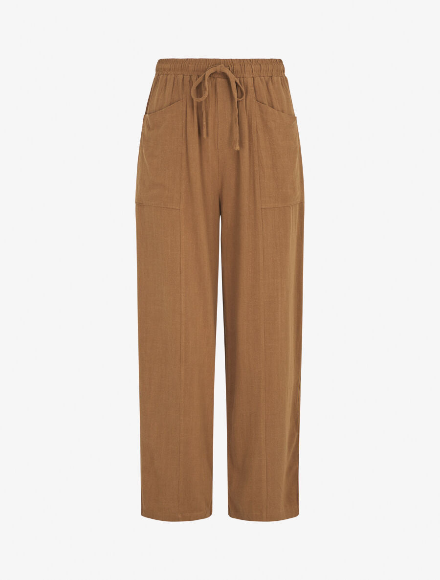 Pantalon uni élastiqué effet lin - Camel - 1