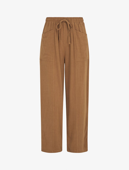 Pantalon uni élastiqué effet lin - Camel - 1