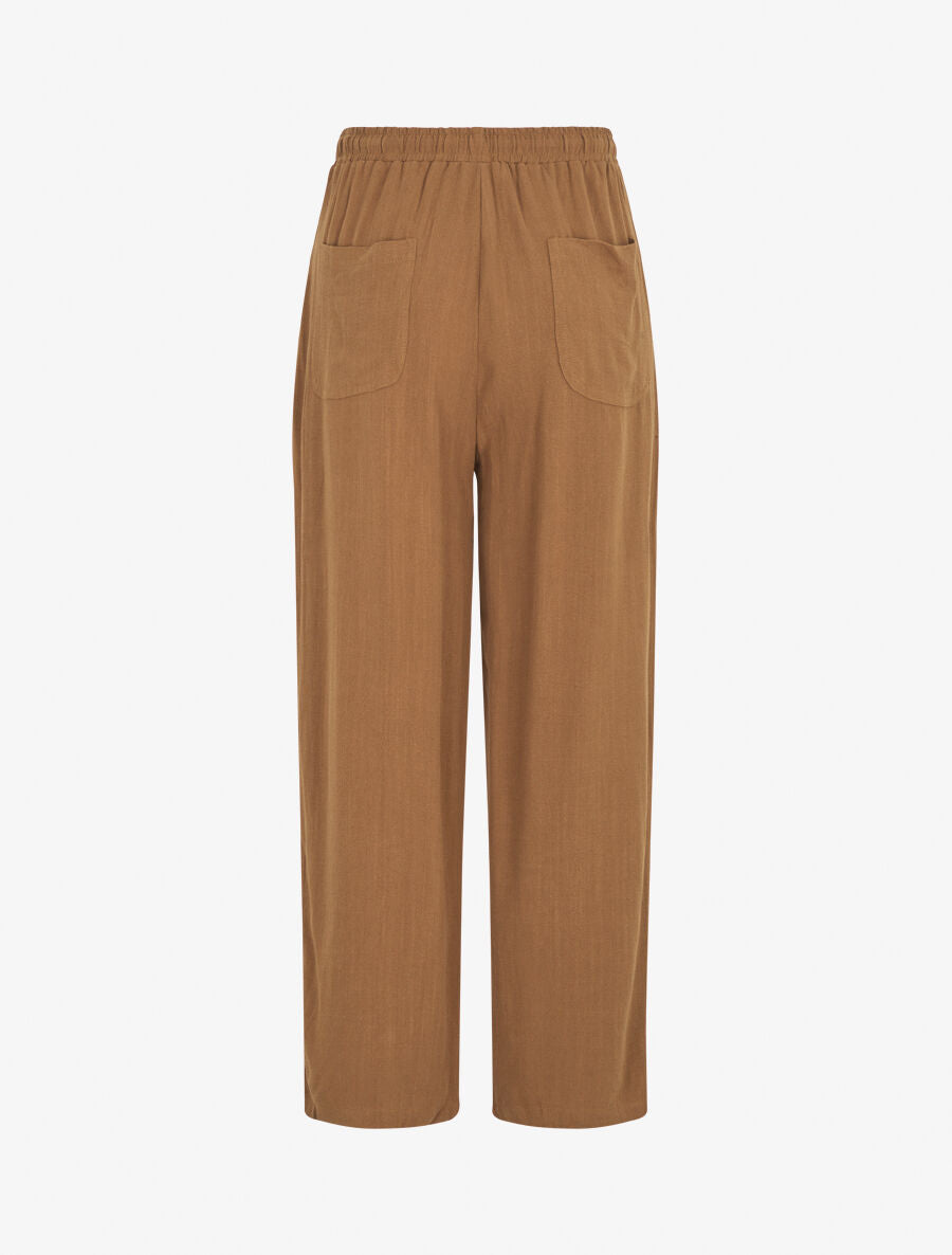 Pantalon uni élastiqué effet lin - Camel - 2